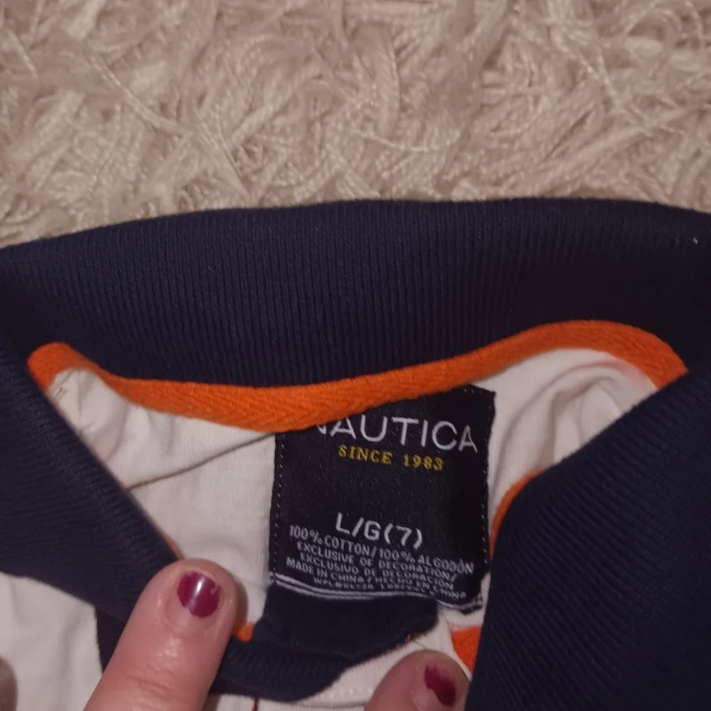 Nautica Pique Polo Shirt Boys Size 7 Short Sleeve Navy, Orange & Collar Shirt